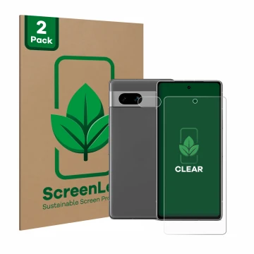 Face avant d’un emballage produit avec le logo de la marque ScreenLeaf. À côté, l’appareil Google Pixel 7a (Avant+Caméra) est 