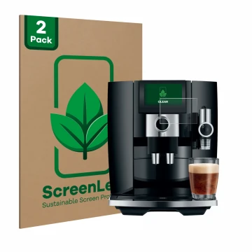 Face avant d’un emballage produit avec le logo de la marque ScreenLeaf. À côté, l’appareil Jura J8 est représenté avec la prot