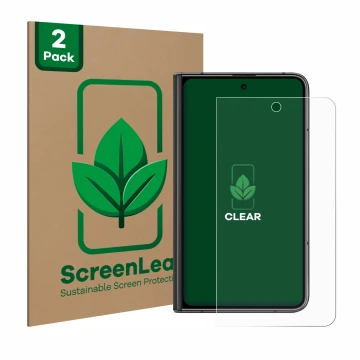 Face avant d’un emballage produit avec le logo de la marque ScreenLeaf. À côté, l’appareil Google Pixel Fold (Affichage extern