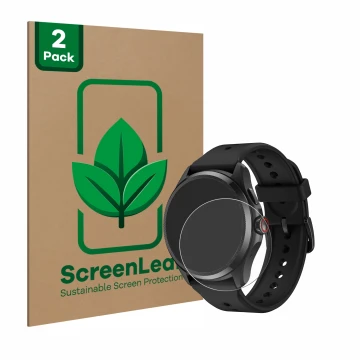 Face avant d’un emballage produit avec le logo de la marque ScreenLeaf. À côté, l’appareil Mobvoi TicWatch Pro 5 est représent
