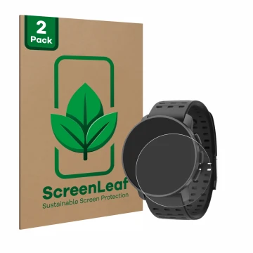 Face avant d’un emballage produit avec le logo de la marque ScreenLeaf. À côté, l’appareil Suunto 9 Peak Pro est représenté av