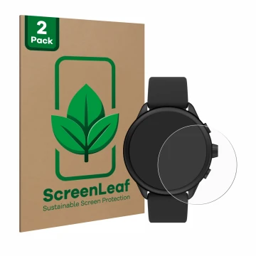 Face avant d’un emballage produit avec le logo de la marque ScreenLeaf. À côté, l’appareil Fossil Smartwatch Wellness (Gen 6) 