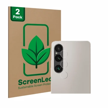 Face avant d’un emballage produit avec le logo de la marque ScreenLeaf. À côté, l’appareil Sony Xperia 1 V (Caméra UNIQUEMENT)