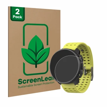 Face avant d’un emballage produit avec le logo de la marque ScreenLeaf. À côté, l’appareil Suunto Vertical est représenté avec