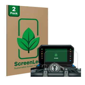 Face avant d’un emballage produit avec le logo de la marque ScreenLeaf. À côté, l’appareil Suzuki GSX-8S 2023 est représenté a