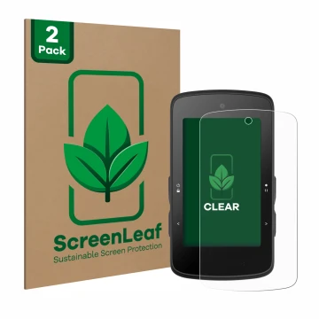 Face avant d’un emballage produit avec le logo de la marque ScreenLeaf. À côté, l’appareil Bryton Rider 750 SE est représenté 