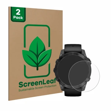 Face avant d’un emballage produit avec le logo de la marque ScreenLeaf. À côté, l’appareil Garmin Epix Pro (Gen 2) (47 mm) est
