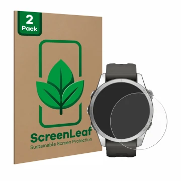 Face avant d’un emballage produit avec le logo de la marque ScreenLeaf. À côté, l’appareil Garmin Fenix 7S Pro Solar (42 mm) e