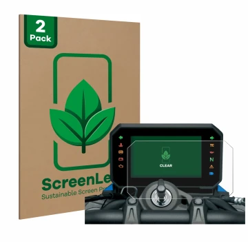 Face avant d’un emballage produit avec le logo de la marque ScreenLeaf. À côté, l’appareil Suzuki V-Strom 800DE 2023 est repré