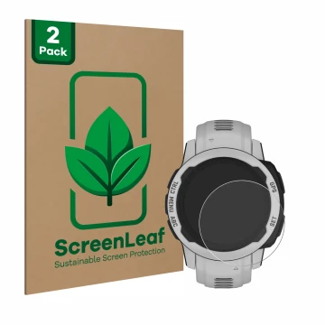 Face avant d’un emballage produit avec le logo de la marque ScreenLeaf. À côté, l’appareil Garmin Instinct 2S Solar (40 mm) es
