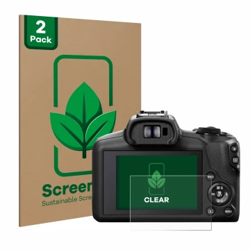 Face avant d’un emballage produit avec le logo de la marque ScreenLeaf. À côté, l’appareil Canon EOS R100 est représenté avec 