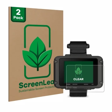 Face avant d’un emballage produit avec le logo de la marque ScreenLeaf. À côté, l’appareil Garmin Foretrex 801 est représenté 