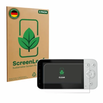 Face avant d’un emballage produit avec le logo de la marque ScreenLeaf. À côté, l’appareil Philips Avent Connected SCD923 est 
