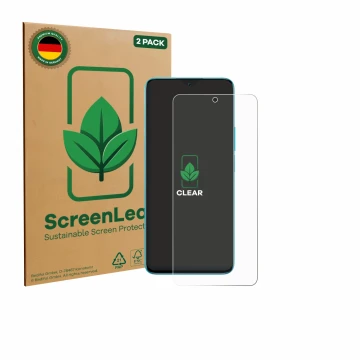 Face avant d’un emballage produit avec le logo de la marque ScreenLeaf. À côté, l’appareil Honor 90 Lite est représenté avec l