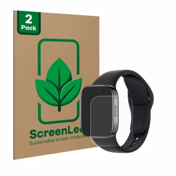 Face avant d’un emballage produit avec le logo de la marque ScreenLeaf. À côté, l’appareil Xiaomi Redmi Watch 3 est représenté