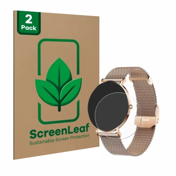 Face avant d’un emballage produit avec le logo de la marque ScreenLeaf. À côté, l’appareil Xcoast X-Watch Siona 2 est représen