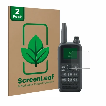 Face avant d’un emballage produit avec le logo de la marque ScreenLeaf. À côté, l’appareil Kenwood TH-D75E D-Star est représen