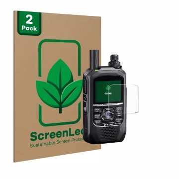 Face avant d’un emballage produit avec le logo de la marque ScreenLeaf. À côté, l’appareil Icom ID-50E est représenté avec la 