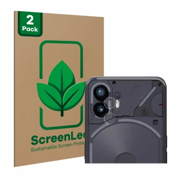 Face avant d’un emballage produit avec le logo de la marque ScreenLeaf. À côté, l’appareil Nothing Phone (2) (Caméra UNIQUEMEN