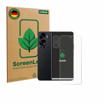 Face avant d’un emballage produit avec le logo de la marque ScreenLeaf. À côté, l’appareil Honor 90 Lite (Avant+Caméra) est re