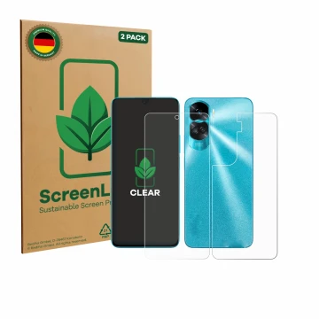 Face avant d’un emballage produit avec le logo de la marque ScreenLeaf. À côté, l’appareil Honor 90 Lite (Avant+Arrière) est r