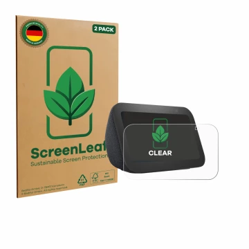 Face avant d’un emballage produit avec le logo de la marque ScreenLeaf. À côté, l’appareil Amazon Echo Show 5 (3ème Gen.) est 
