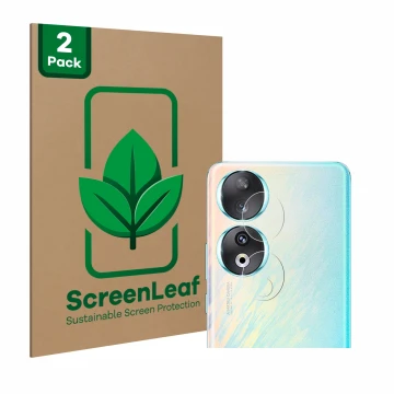 Face avant d’un emballage produit avec le logo de la marque ScreenLeaf. À côté, l’appareil Honor 90 (Caméra UNIQUEMENT) est re