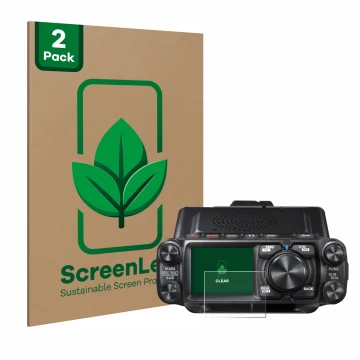 Face avant d’un emballage produit avec le logo de la marque ScreenLeaf. À côté, l’appareil Yaesu FTM-500DR est représenté avec
