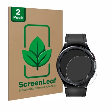 Face avant d’un emballage produit avec le logo de la marque ScreenLeaf. À côté, l’appareil Samsung Galaxy Watch 6 Classic (47 