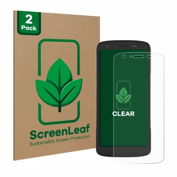 Face avant d’un emballage produit avec le logo de la marque ScreenLeaf. À côté, l’appareil Zebra TC22 est représenté avec la p