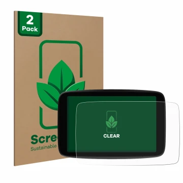Face avant d’un emballage produit avec le logo de la marque ScreenLeaf. À côté, l’appareil TomTom GO Expert Plus 7