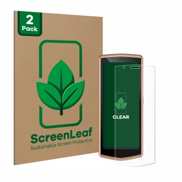 Face avant d’un emballage produit avec le logo de la marque ScreenLeaf. À côté, l’appareil Cubot Pocket 3 est représenté avec 