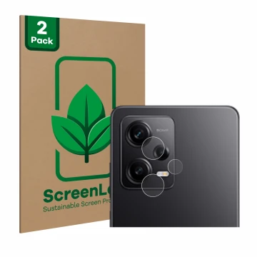 Face avant d’un emballage produit avec le logo de la marque ScreenLeaf. À côté, l’appareil Xiaomi Redmi Note 12 Pro 5G (Caméra
