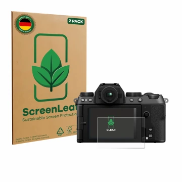 Face avant d’un emballage produit avec le logo de la marque ScreenLeaf. À côté, l’appareil Fujifilm X-S20 est représenté avec 