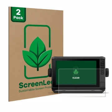 Face avant d’un emballage produit avec le logo de la marque ScreenLeaf. À côté, l’appareil Garmin ECHOMAP UHD2 9
