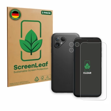 Face avant d’un emballage produit avec le logo de la marque ScreenLeaf. À côté, l’appareil Fairphone 5 (Avant+Caméra) est repr