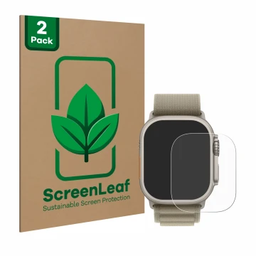 Face avant d’un emballage produit avec le logo de la marque ScreenLeaf. À côté, l’appareil Apple Watch Ultra 2 (49 mm) est rep