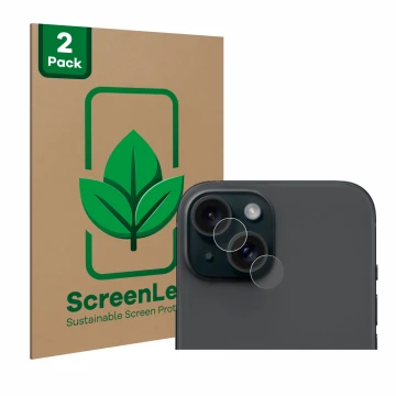 Face avant d’un emballage produit avec le logo de la marque ScreenLeaf. À côté, l’appareil Apple iPhone 15 (Caméra UNIQUEMENT)