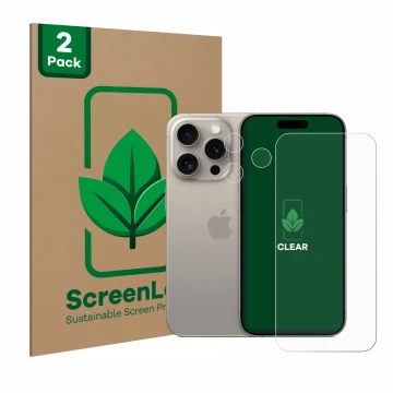 Face avant d’un emballage produit avec le logo de la marque ScreenLeaf. À côté, l’appareil Apple iPhone 15 Pro (Avant+Caméra) 