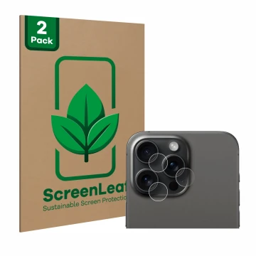 Face avant d’un emballage produit avec le logo de la marque ScreenLeaf. À côté, l’appareil Apple iPhone 15 Pro Max (Caméra UNI