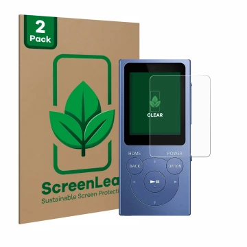 Face avant d’un emballage produit avec le logo de la marque ScreenLeaf. À côté, l’appareil Sony Walkman NW-E394 est représenté