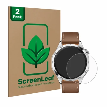 Face avant d’un emballage produit avec le logo de la marque ScreenLeaf. À côté, l’appareil Huawei Watch GT 4 (46mm) est représ