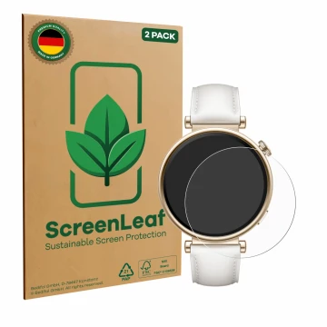 Face avant d’un emballage produit avec le logo de la marque ScreenLeaf. À côté, l’appareil Huawei Watch GT 4 (41mm) est représ