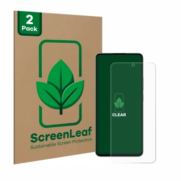 Face avant d’un emballage produit avec le logo de la marque ScreenLeaf. À côté, l’appareil Xiaomi 13T Pro est représenté avec 