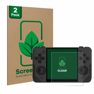 Face avant d’un emballage produit avec le logo de la marque ScreenLeaf. À côté, l’appareil Powkiddy RGB30 est représenté avec 