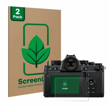 Face avant d’un emballage produit avec le logo de la marque ScreenLeaf. À côté, l’appareil Nikon Z F est représenté avec la pr