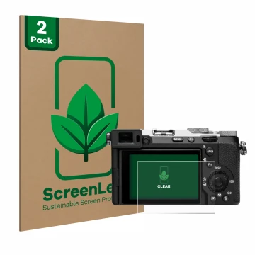Face avant d’un emballage produit avec le logo de la marque ScreenLeaf. À côté, l’appareil Sony Alpha 7C II (ILCE-7CM2) est re