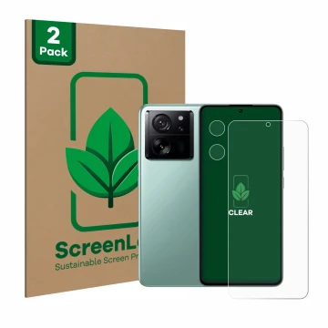 Face avant d’un emballage produit avec le logo de la marque ScreenLeaf. À côté, l’appareil Xiaomi 13T Pro (Avant+Caméra) est r