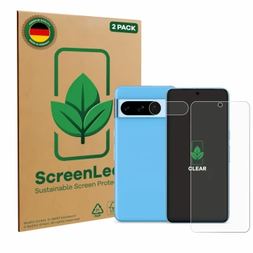 Face avant d’un emballage produit avec le logo de la marque ScreenLeaf. À côté, l’appareil Google Pixel 8 Pro (Avant+Caméra) e