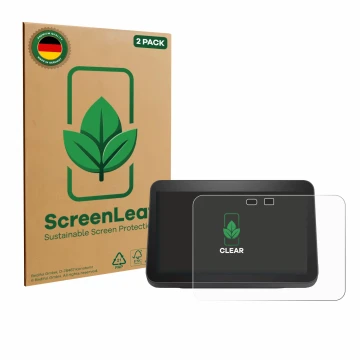 Face avant d’un emballage produit avec le logo de la marque ScreenLeaf. À côté, l’appareil Amazon Echo Show 8 2023 (3ème Gen.)